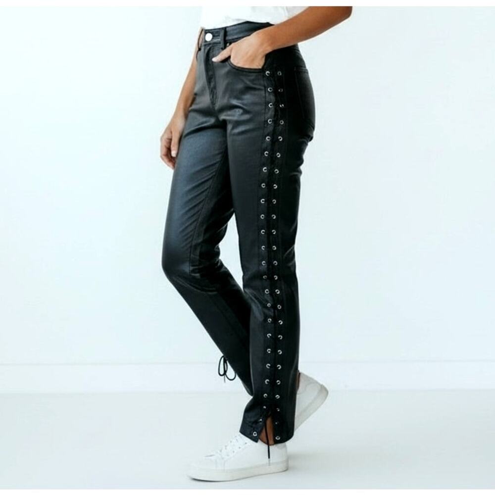 Vintage DKNY Jeans 100% Leather Pants 12 Black Lace Up Corset Moto Y2K Genuine